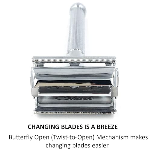 Parker 29L Chrome, Long Handle Butterfly Open Double Edge Safety Razor for Men & Women, 5 Parker Premium Platinum Double Edge Razor Blades Included