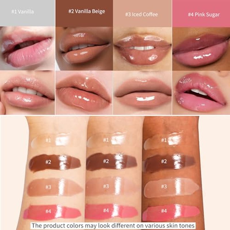 4Pcs Hydrating Lip Gloss Set, Mini Lip Balm Pack, High Shine Glass Finish Lip Moisturizing Plumping Lip Gloss Shiny Jelly Liquid Lipstick for Women