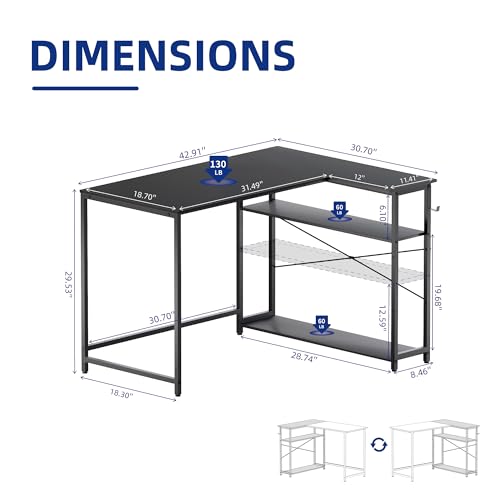 Black 43-Inch Reversible L-Shaped Computer Desk with Storage Shelves - Small Space Home Office