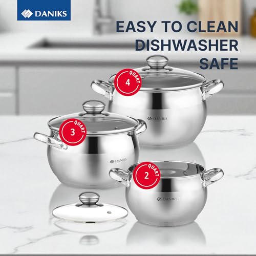 Daniks 6-Piece Stainless Steel Cookware Set with Glass Lids, Tri-Ply Base, Induction Compatible
