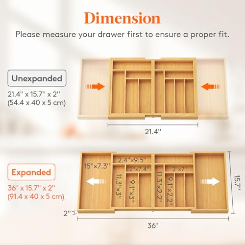 Lifewit Adjustable Silverware Drawer Organizer Tray | Bamboo Utensil Storage