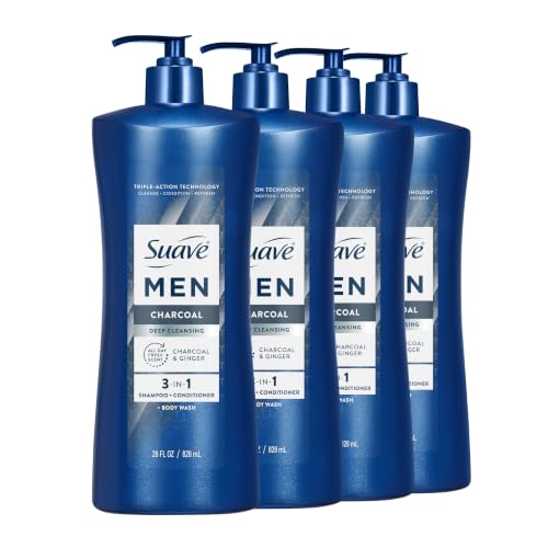 Suave Men Charcoal 3-in-1 Shampoo Conditioner Body Wash 4 Pack 28 FL Oz