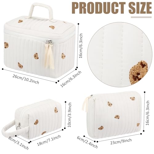 Paterr Makeup Bag Set 3 Pcs Large Quilted Cotton Make up Bags for Women Cosmetic Travel Toiletry Organizer Pouch Cute Aesthetic Storage Purse(White,Little Bear)