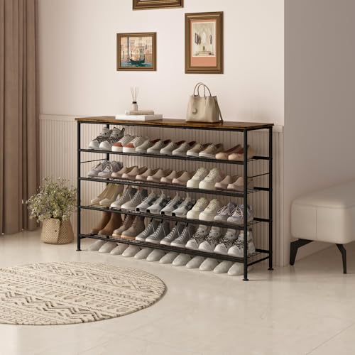 5-Tier Extra Long Shoe Rack Organizer Storage for Closet Entryway Black+Rustic Brown