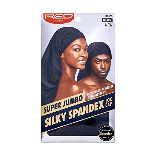 Red by Kiss Unisex Silky Spandex Loc Cap, Dreadlocks & Braids Cap, Shower Cap, Sleep Cap, Black (Super Jumbo) (Pack of 2)