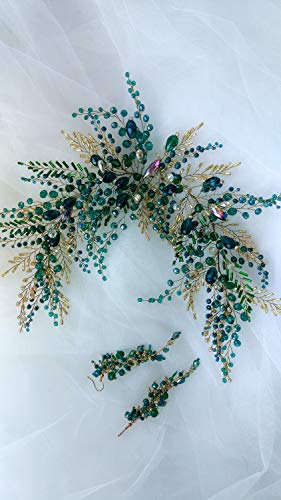 Vintage Wedding Hair Accessory Headpiece with Earrings - Green Beads & Gold Headband