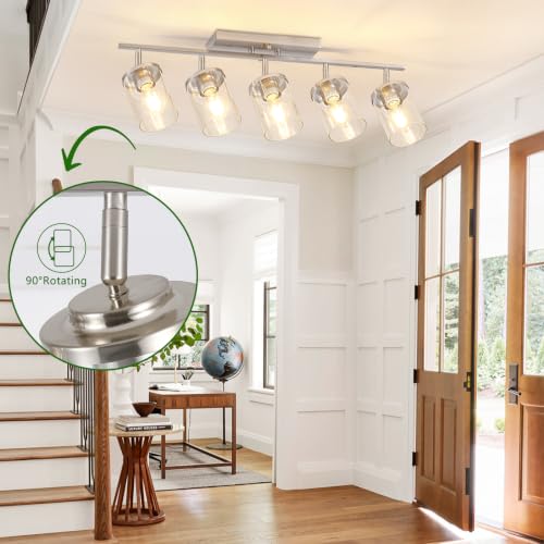 Brushed Nickel 5-Light Track Ceiling Light Fixture with Clear Glass Shades — Modern Adjustable Spotlight for Kitchen Living Room Hallway