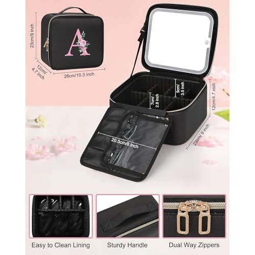 Relavel Initial Makeup Bag with LED Mirror for Women, Personalized Travel Cosmetic Organizer Train Case, Birthday Gifts for Teens Girls Grandkids Graduation Teacher Friends, Trendy Stuff, Black A