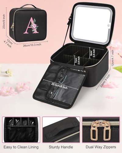 Relavel Initial Makeup Bag with LED Mirror - Black M Travel Organizer