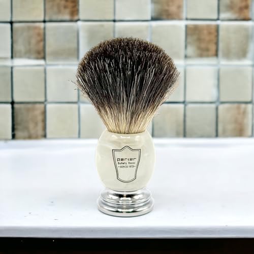 Parker 100% Black Badger Shaving Brush with Ivory Marble Handle