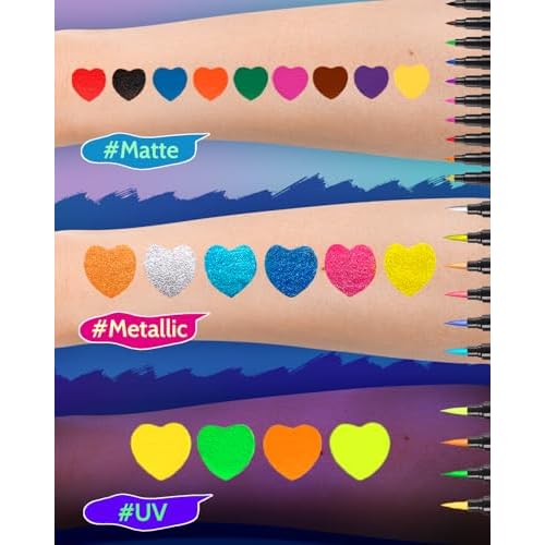 Temporary Tattoo Markers for Skin, 20 Pcs Dual-Tip UV & Matte & Glitter Tattoo Pens, Skin-Safe Body Markers with Tattoo Stencils & Stickers, Washable Glow in the Dark Markers for Kids Teens