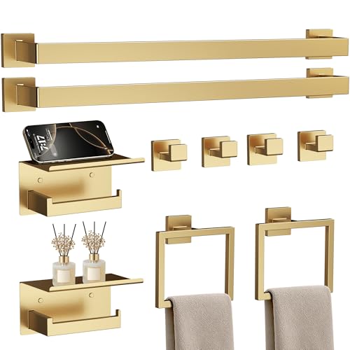 JIXB Brushed Gold Bathroom Hardware Accessories Set 10-Piece, 23.6 Inch Towel Bars & Toilet Paper Holders - Variation Brushed Gold / 10