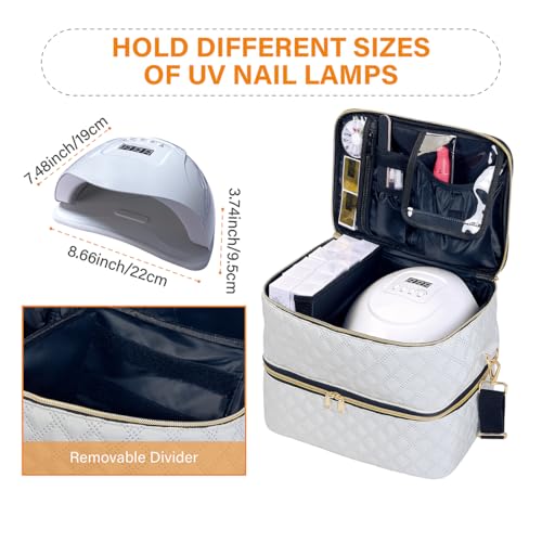 Nail Polish Organizer Case Holds 40 Bottles(15ml/0.5fl.oz) and Nail Lamp, Double Layer Nail Polish Storage with Adjustable Dividers,Portable Carrying Bag for Nail Kit, Manicure Tools Beige