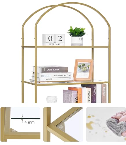 Tall Gold Bookshelf with Glass Shelves - 6 Tiers, Arched Design, 73.6"H