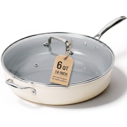 14-Inch Ceramic Nonstick Deep Frying Pan with Lid - 6 Qt Family Size - Cream & Grey