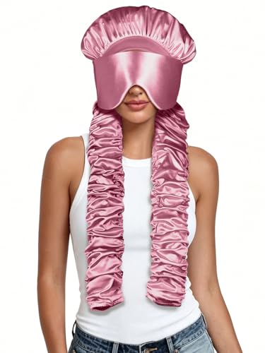 Pink Satin Sleep Bonnet with Eye Mask & Curling Ribbons - No Slip Hair Protector