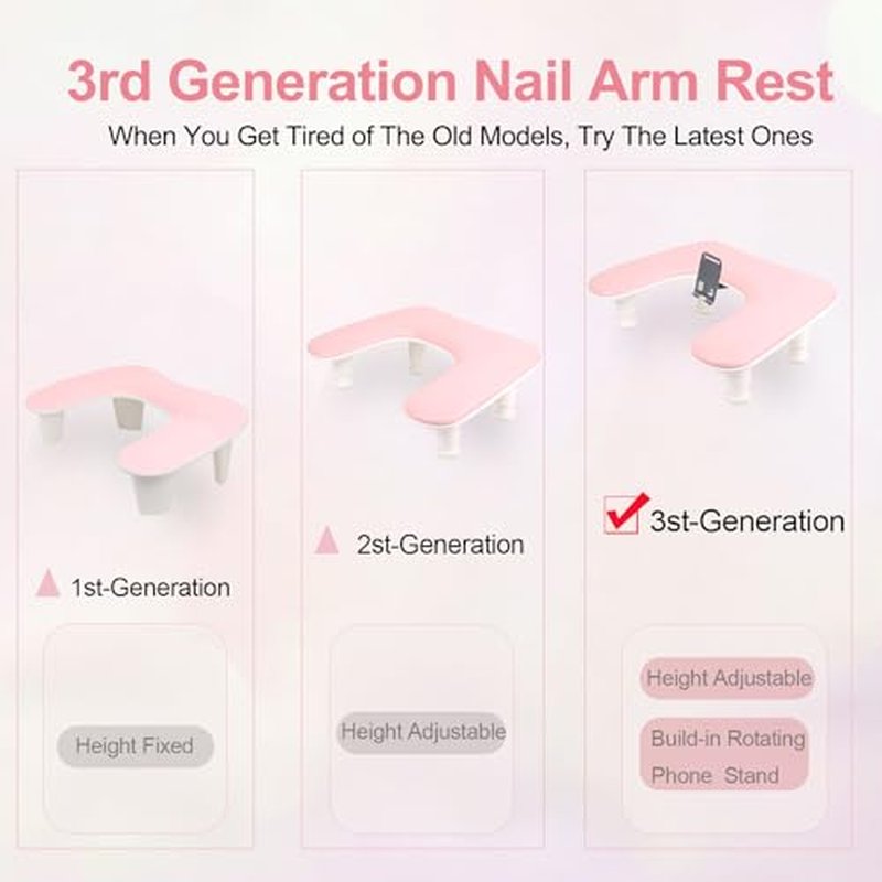 Big Arm Rest for Nails Tech with Rotating Phone Holder: 3nd Generation U-Shaped Manicure Nail Arm Rest Stand Height Adjustable Armrest for Acrylic Nails(Pink)