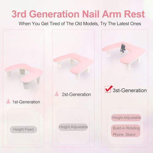Rolomanve 3rd Gen U-Shaped Nail Arm Rest with Rotating Phone Holder, Pink (With Mat) — Adjustable, Non-Slip Manicure Support