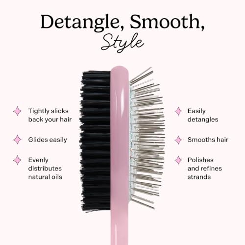Dual-Sided Travel Hair Brush with Boar Bristles & Metal Pins for Detangling & Styling