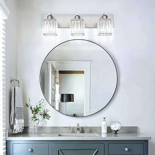 Aipsun Brushed Nickel 3-Light Crystal Bathroom Vanity Light, 23 Inch