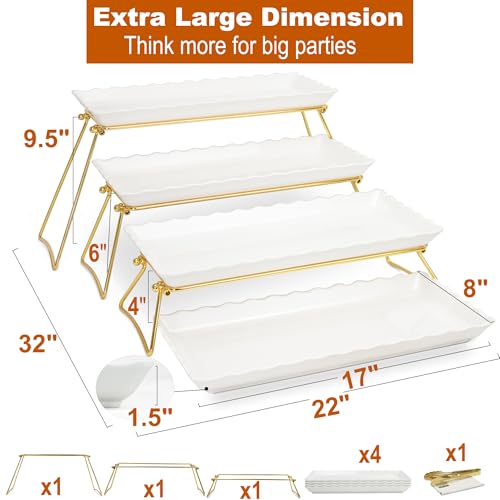 Extra Large 4-Tier Serving Tray Set - Gold Wave Edge Melamine Dessert Display for Parties