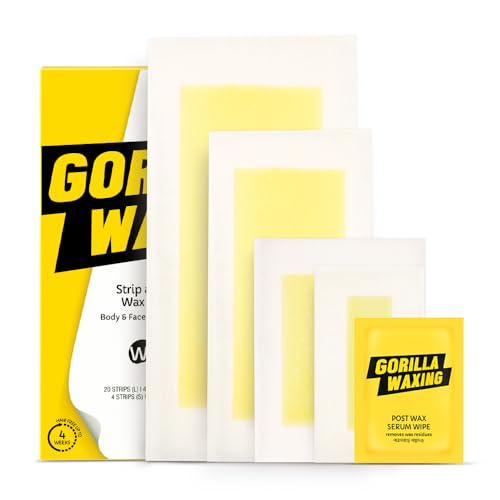 Gorilla Waxing Korean Strip & Go Wax Strips Kit, 50 Multi-Size Sugaring Wax Strips + Calming Serum Wipes, Ready-to-Use Hair Removal for Face & Body, Suitable for Sensitive Skin, Korean Skin Care, MEGA
