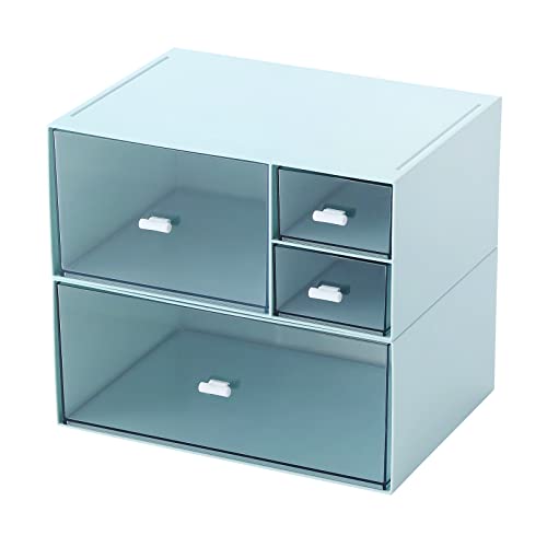Blue 4-Drawer Makeup & Desk Organizer, Plastic Storage Box for Vanity & Office