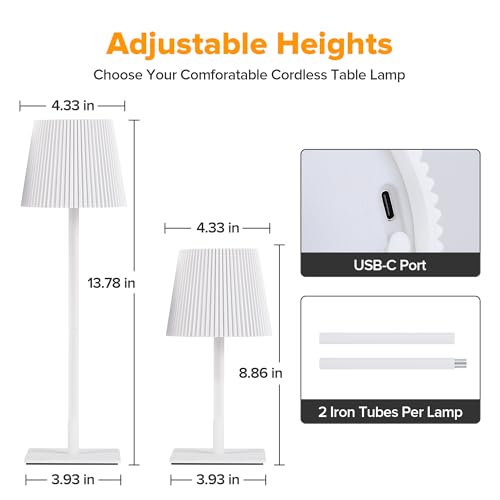 Cordless Table Lamp 4 Pack - Rechargeable Battery, Adjustable Heights, Waterproof, Touch Dimming, White