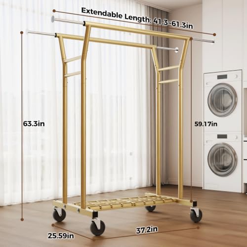 Heavy Duty Rolling Clothes Rack with Shelves - Gold, Supports 700LBS