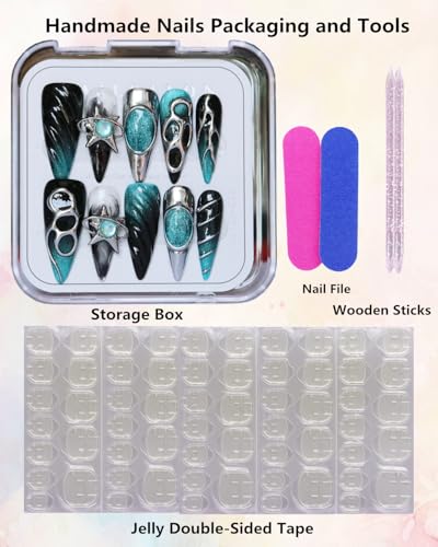Long Stiletto Fake Nails with Blue Black Chrome & 3D Star Charm - Reusable Gothic Nail Tips (A036, S)