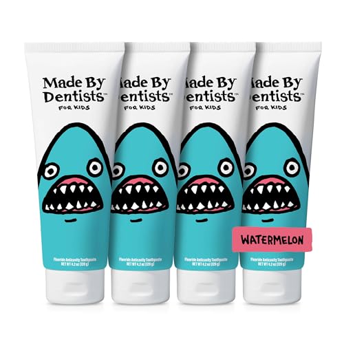 Kids Fluoride Toothpaste Watermelon - Shark-Themed 4-Pack, SLS-Free, Enamel Safe, Vegan & Dentist-Recommended