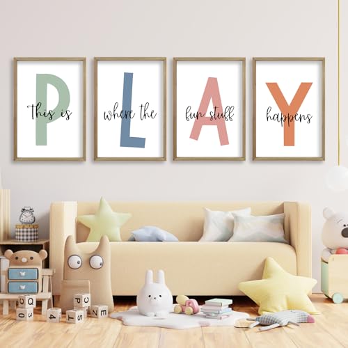 This Is Where The Fun Stuff Happens Kids Playroom Wall Art 24"×16" Wood - 4-Piece Set