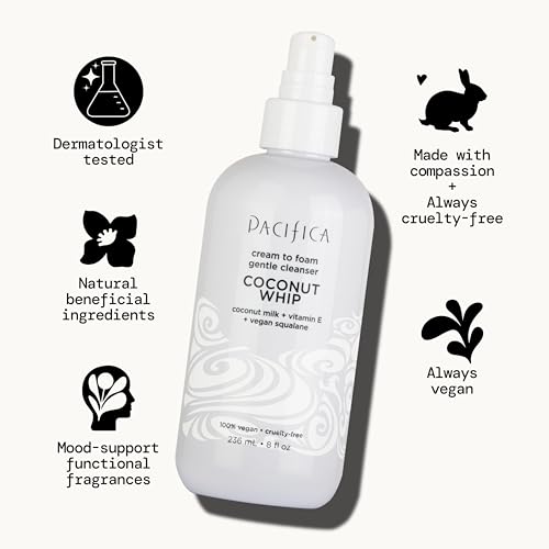 Pacifica Coconut Whip Cream-to-Foam Facial Cleanser - Hydrating Gentle Moisturizing for Dry & Sensitive Skin, 8oz (Pack of 2)