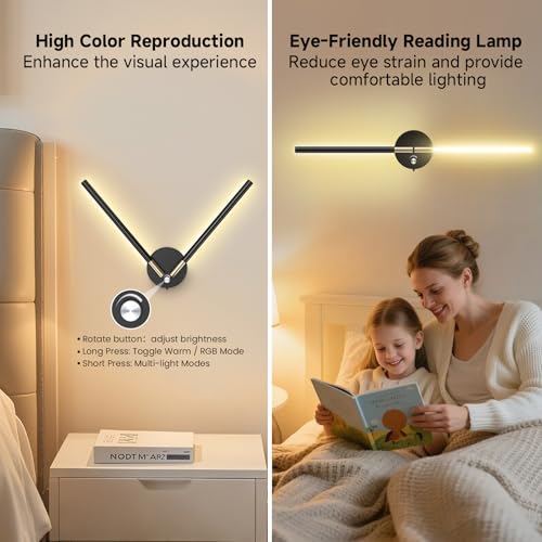 RGB Wall Sconce Set 28.5 Inch Black Wireless Dimmable 360° Rotatable LED Lights with Remote & Timer - Bedroom Living Room Decor