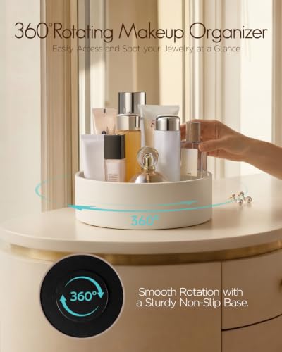 Cream White Rotating Perfume & Makeup Organizer - PU Leather Vanity Storage