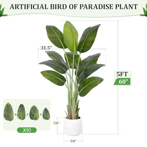 Artificial Bird of Paradise Tree 5ft Tall Fake Tropical Plant with White Pot - Indoor Decor