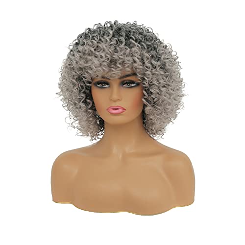 Gray Afro Curly Wig with Bangs for Black Women - Ombre Short Hair, Adjustable Fit, Synthetic Fluffy Style - Variation of THIS listing