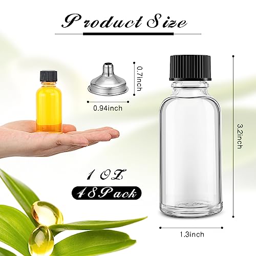 48 Pcs 1 oz Glass Boston Round Bottles with Black Caps | Refillable & Leakproof