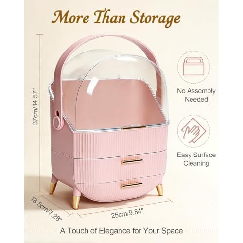 Makeup Organizer with Drawers & Lid - Portable Large Cosmetic Storage Case for Vanity Countertop, Travel, Gift for Women, Girls, 11"¡¿7"¡¿15", Pink