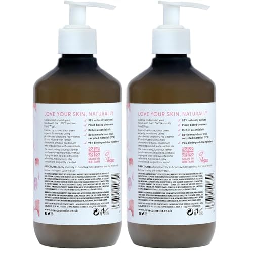 I LOVE Naturals Rose and Argan Hand Wash - Hydrating Hand Soap with Essential Oils - Skin-Smoothing Formula - Plant-Based Cleansers - 16.9 oz (Pack of 2)