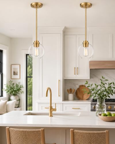 Brass Pendant Lights for Kitchen Island 2 Pack - Clear Glass Globe Shade, Gold Finish, 7 Inch, Farmhouse Style