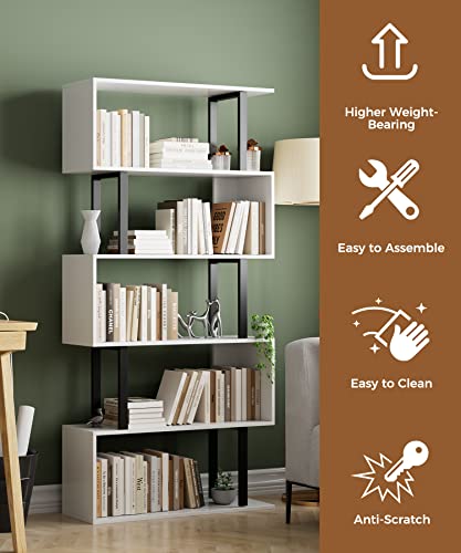 Gadroad 5-Tier S-Shaped Tall Bookshelf - White, 27.56W x 62H, Space-Saving Storage