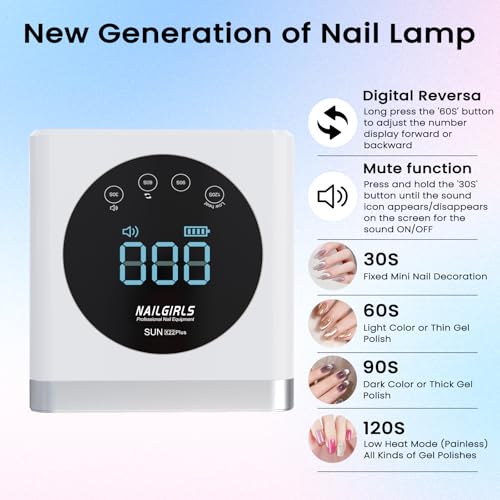 NAILGIRLS UV LED Nail Lamp, Cordless Rechargeable 150W Fast UV Lamp for Nails, UV Nail Dryer Light with 4 Timer Setting Auto Sensor Professional Curing for Fingernail and Toenail Home Salon Use