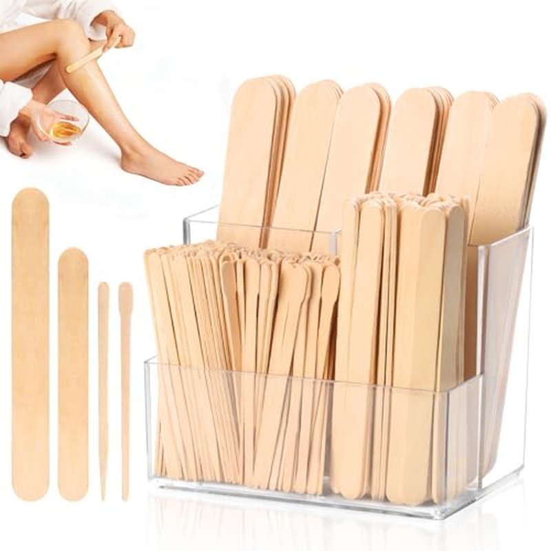 300 PCS 4 Style Waxing Sticks Wooden with Acrylic Organizer Assorted Wax Applicator Sticks Small Medium Large Popsicle Sticks Bulk Craft Sticks Jumbo for Body Legs Face WoodCraft Tongue Depressor