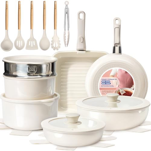 Cream Nonstick Cookware Set with Detachable Handles - 25 Piece Space-Saving Ceramic Pots and Pans for RV & Home