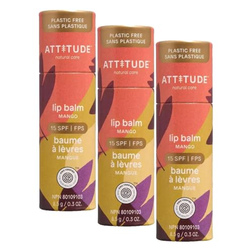 BIO SPECTRA Attitude Mango SPF 15 Lip Balm - Plastic-Free, Vegan, Reef-Safe (3 x 0.3 oz)