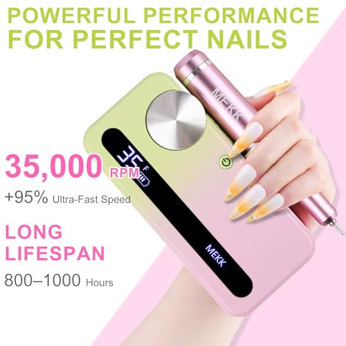 Pink-Green MEKK Professional Cordless Nail Drill 35000RPM E-File for Acrylic Gel Nails