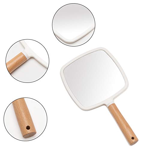 Small Square Wooden Handle Hand Held Mirror for Makeup & Shaving - Pack of 3 - White + Variation 9.8x5.5 Inches
