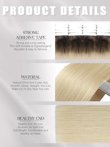 Platinum Blonde Hair Extensions 16 Inch Human Hair Tape-In with Dark Roots - Variation R#2/60A