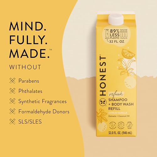 The Honest Company 2-in-1 Cleansing Shampoo Body Wash Refill Carton, Gentle for Baby, Naturally Derived, Tear-free, Hypoallergenic, Citrus Vanilla Refresh, 32 fl oz